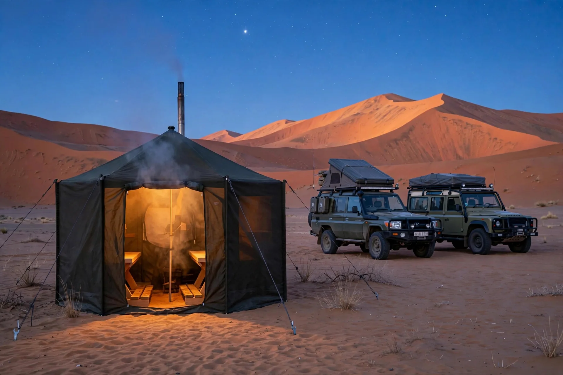 The olive-green sauna tent glowing warmly at dusk in a Namib desert camp, with 4x4s and rooftop tents behind it
