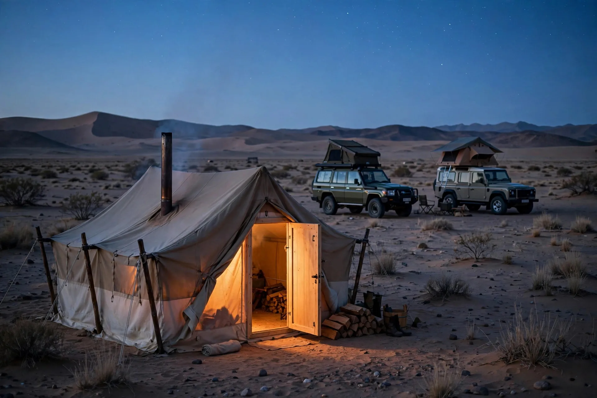 A wood-fired sauna tent glowing at dusk in the Namib desert, the convoy's 4x4s parked behind it