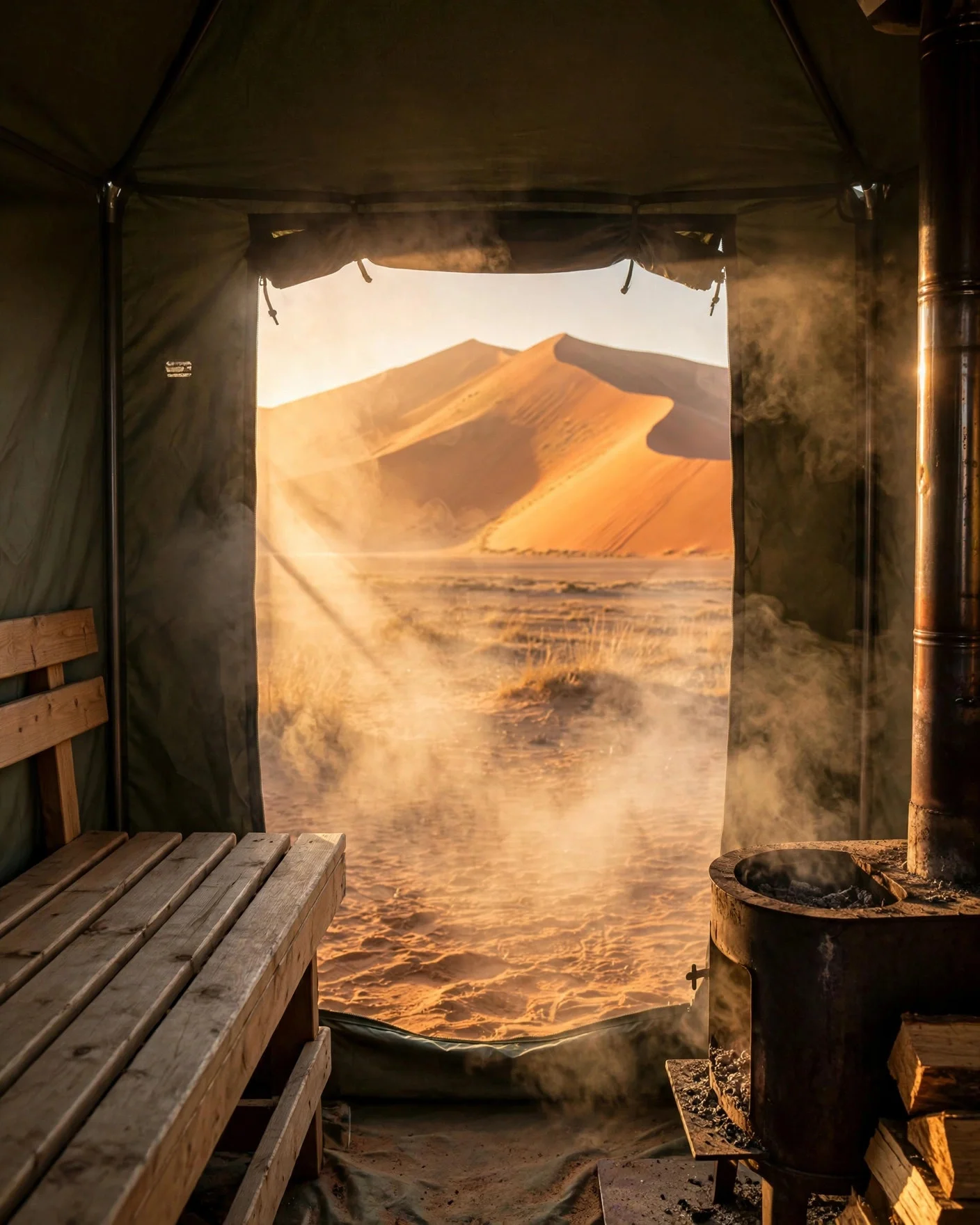 View from inside the sauna tent at sunrise — a wooden bench and the wood-fired stove in frame, steam in the light, and the dunes through the open door
