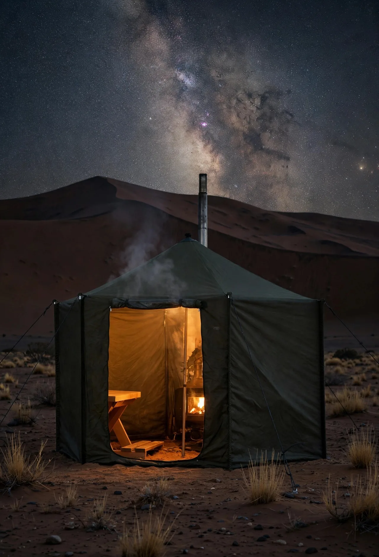 The olive-green sauna tent glowing amber under the Milky Way, steam rising from its chimney against the dunes